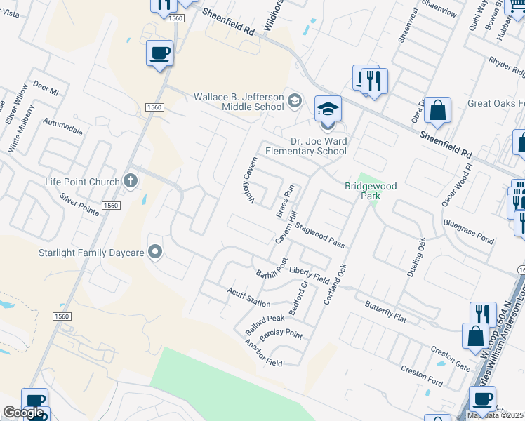 map of restaurants, bars, coffee shops, grocery stores, and more near 11118 Victory Cavern in San Antonio