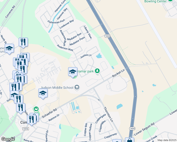 map of restaurants, bars, coffee shops, grocery stores, and more near 9719 Discovery Drive in Converse