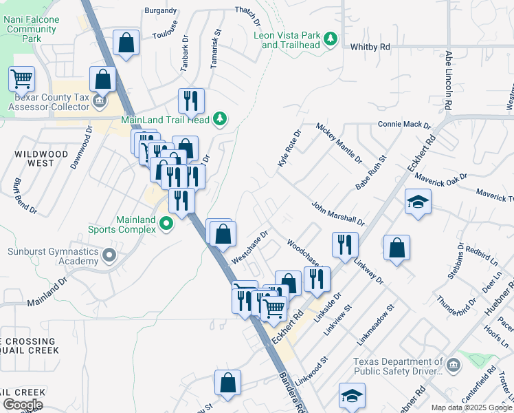 map of restaurants, bars, coffee shops, grocery stores, and more near 7927 Woodchase in San Antonio