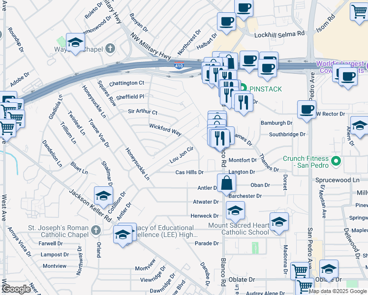map of restaurants, bars, coffee shops, grocery stores, and more near 133 Lou Jon Circle in San Antonio