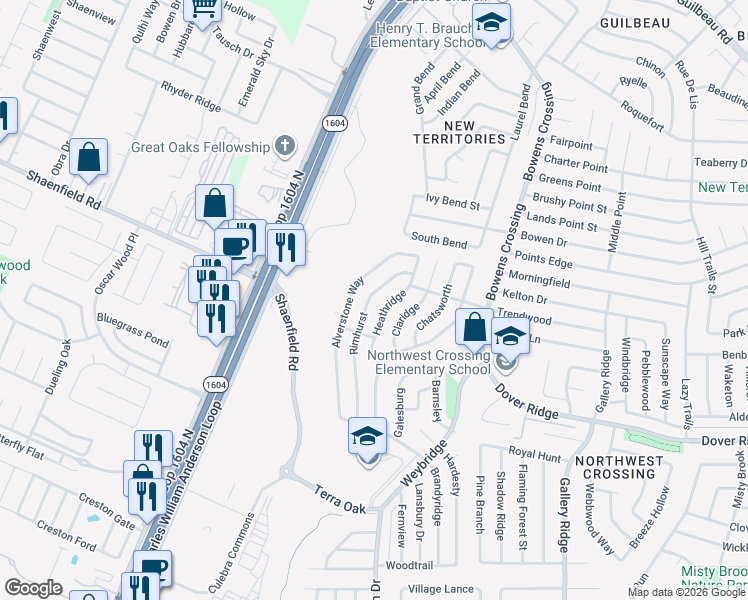 map of restaurants, bars, coffee shops, grocery stores, and more near 7635 Heathridge in San Antonio