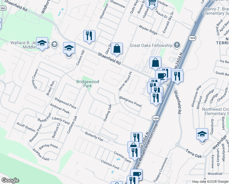 map of restaurants, bars, coffee shops, grocery stores, and more near 10716 Juniper Pass in San Antonio