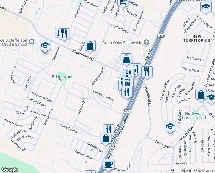 map of restaurants, bars, coffee shops, grocery stores, and more near 10506 Irongate Oak in San Antonio