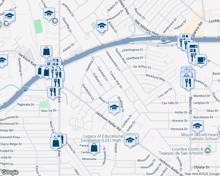 map of restaurants, bars, coffee shops, grocery stores, and more near 404 Travertine Lane in San Antonio