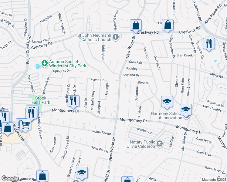 map of restaurants, bars, coffee shops, grocery stores, and more near 8318 Hastings in San Antonio