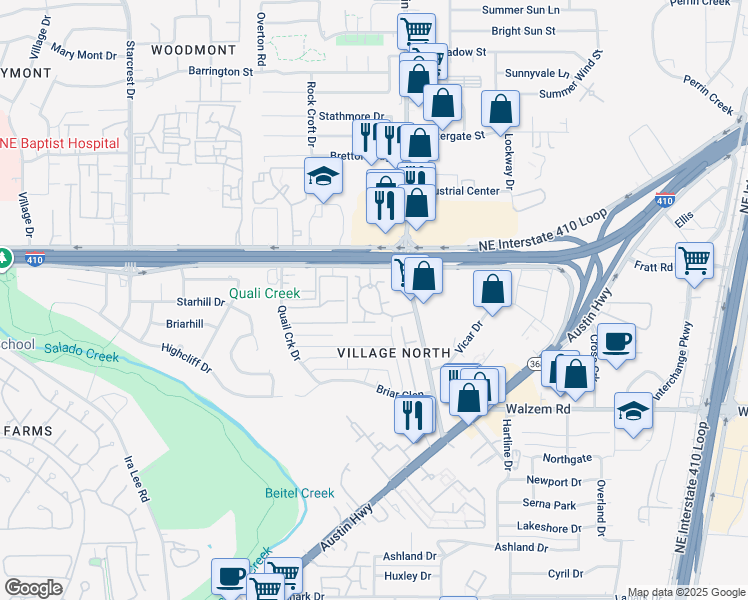 map of restaurants, bars, coffee shops, grocery stores, and more near 2600 Northeast Interstate 410 Loop in San Antonio