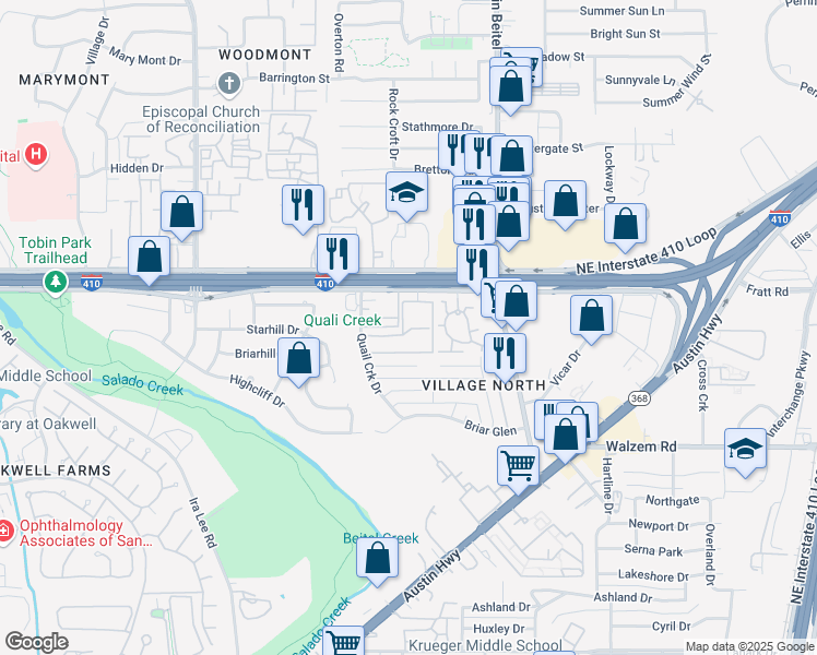 map of restaurants, bars, coffee shops, grocery stores, and more near 2554 Northeast Interstate 410 Loop in San Antonio