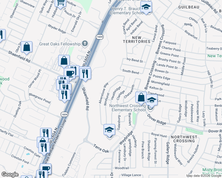 map of restaurants, bars, coffee shops, grocery stores, and more near 7635 Heathridge in San Antonio