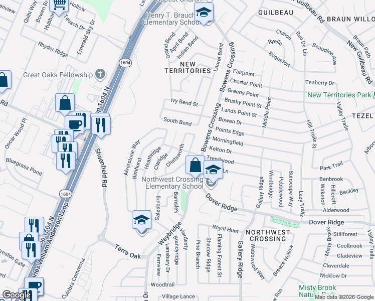 map of restaurants, bars, coffee shops, grocery stores, and more near 7639 Branston in San Antonio