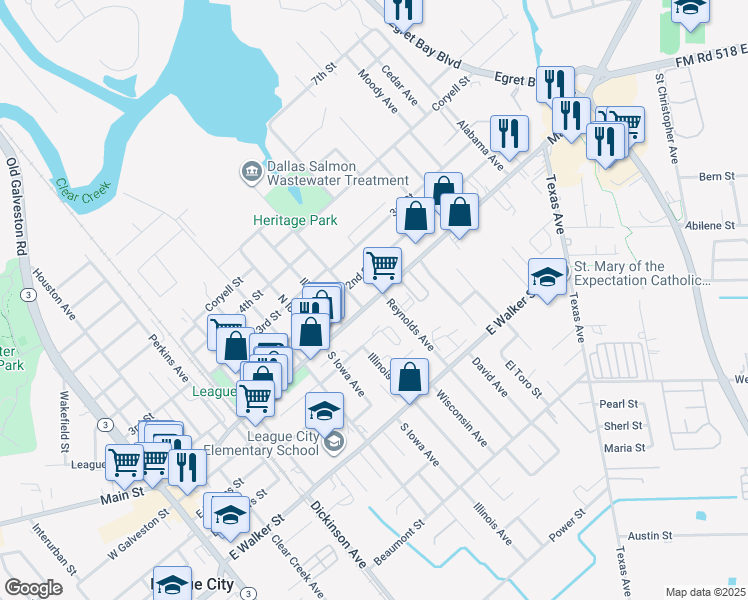 map of restaurants, bars, coffee shops, grocery stores, and more near 1112 Farm to Market Road 518 in League City
