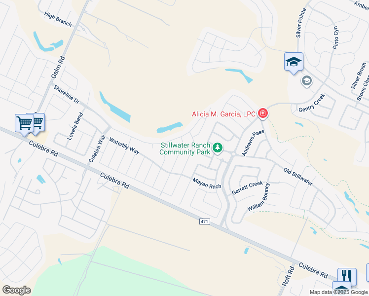 map of restaurants, bars, coffee shops, grocery stores, and more near 8018 Bluewater Cove in San Antonio