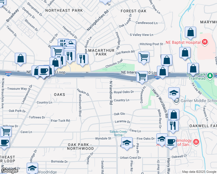 map of restaurants, bars, coffee shops, grocery stores, and more near 8315 North Vandiver Road in San Antonio