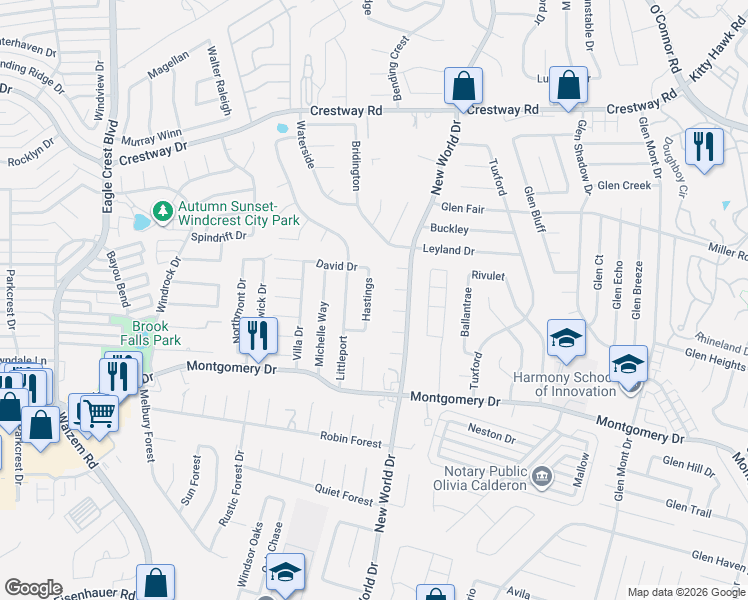 map of restaurants, bars, coffee shops, grocery stores, and more near 8318 Hastings in San Antonio