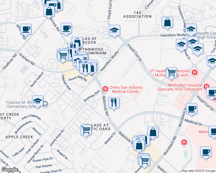 map of restaurants, bars, coffee shops, grocery stores, and more near 2829 Babcock Road in San Antonio
