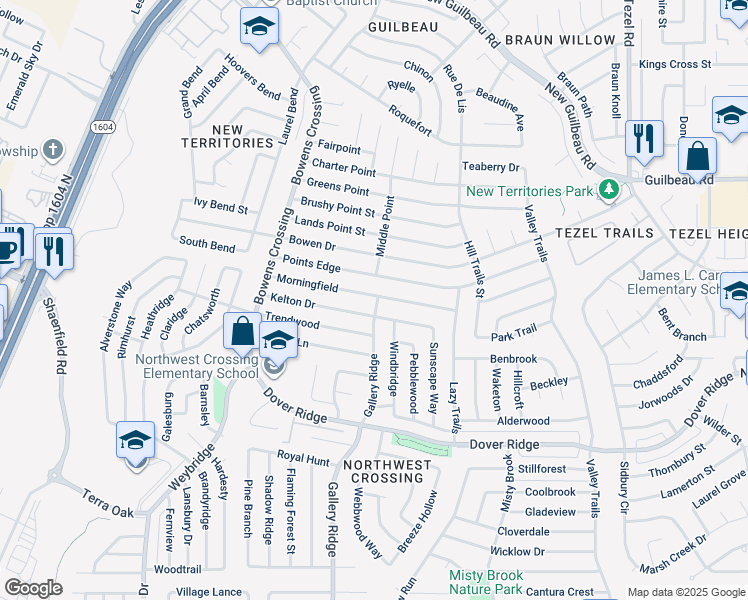 map of restaurants, bars, coffee shops, grocery stores, and more near 9810 Kelton Drive in San Antonio