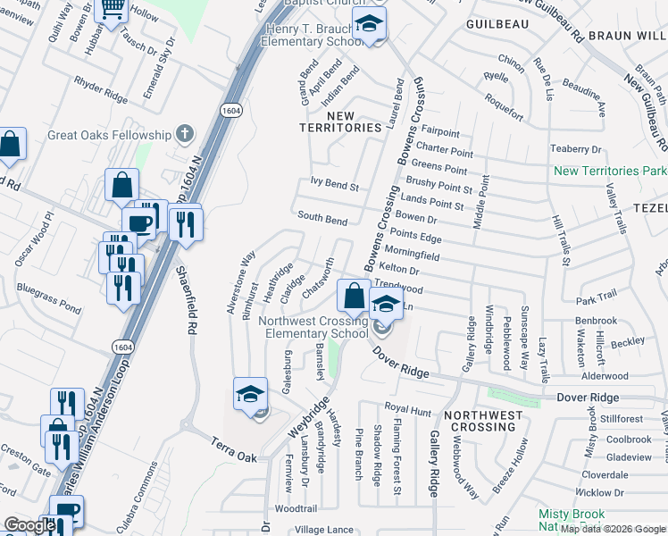 map of restaurants, bars, coffee shops, grocery stores, and more near 7639 Branston in San Antonio