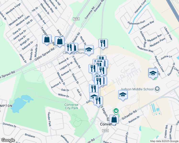 map of restaurants, bars, coffee shops, grocery stores, and more near 301 Converse Center Street in Converse