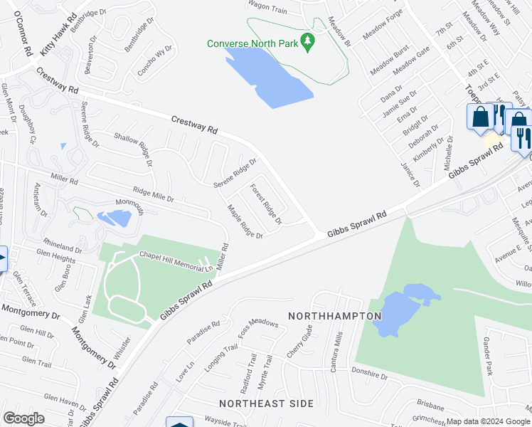 map of restaurants, bars, coffee shops, grocery stores, and more near 8411 Forest Ridge Drive in San Antonio