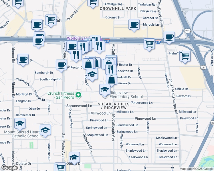 map of restaurants, bars, coffee shops, grocery stores, and more near 202 Birch Leaf Drive in San Antonio