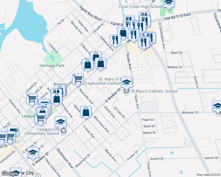 map of restaurants, bars, coffee shops, grocery stores, and more near 214 Briarwood Court in League City