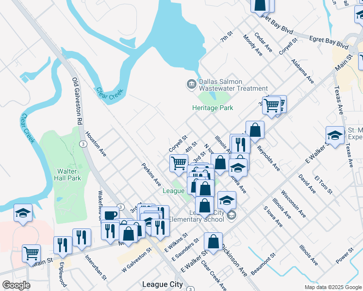 map of restaurants, bars, coffee shops, grocery stores, and more near 702 4th Street in League City