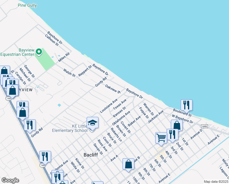 map of restaurants, bars, coffee shops, grocery stores, and more near 3814 Oakview Street in Bacliff