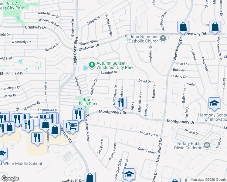 map of restaurants, bars, coffee shops, grocery stores, and more near 8455 Northmont Drive in San Antonio
