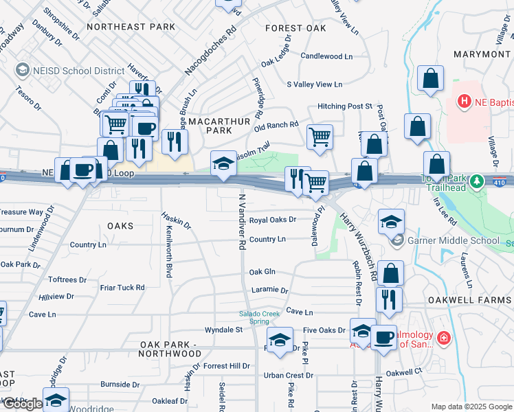 map of restaurants, bars, coffee shops, grocery stores, and more near 311 Royal Oaks Drive in San Antonio