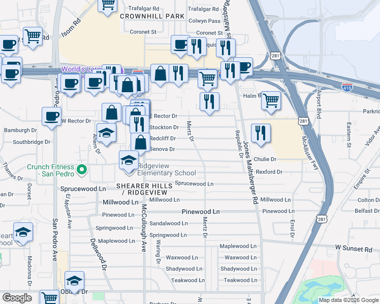 map of restaurants, bars, coffee shops, grocery stores, and more near 351 East Rampart Drive in San Antonio