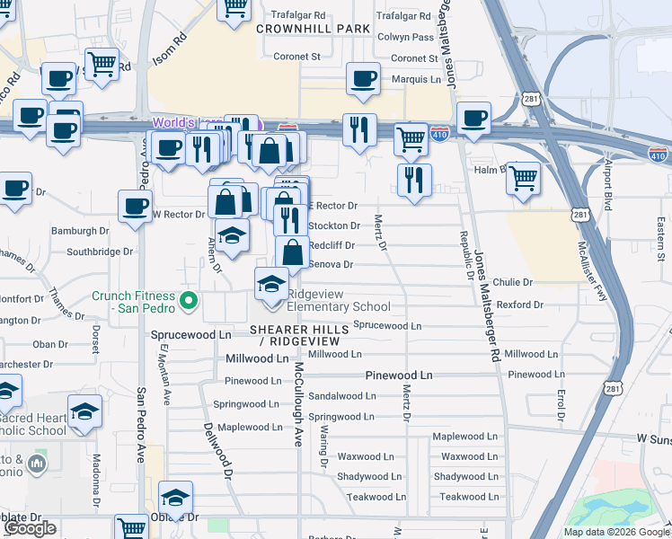 map of restaurants, bars, coffee shops, grocery stores, and more near 322 East Rampart Drive in San Antonio