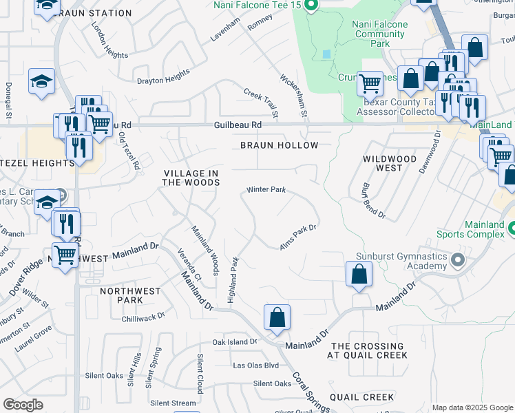 map of restaurants, bars, coffee shops, grocery stores, and more near 9927 Cominsky Park in San Antonio