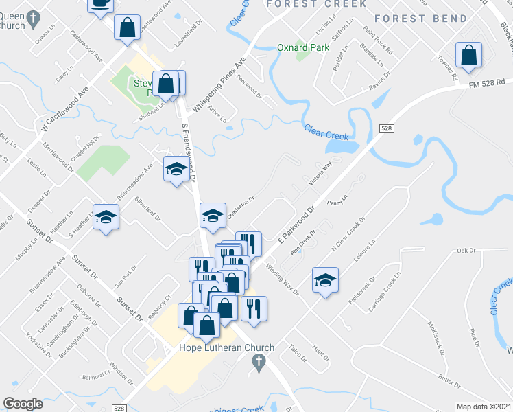 map of restaurants, bars, coffee shops, grocery stores, and more near 202 Charleston Street in Friendswood