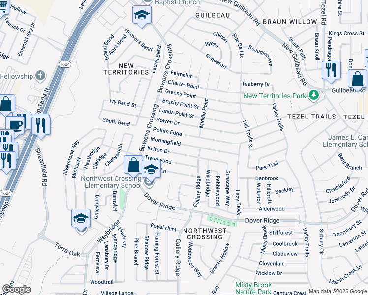 map of restaurants, bars, coffee shops, grocery stores, and more near 9830 Morningfield in San Antonio