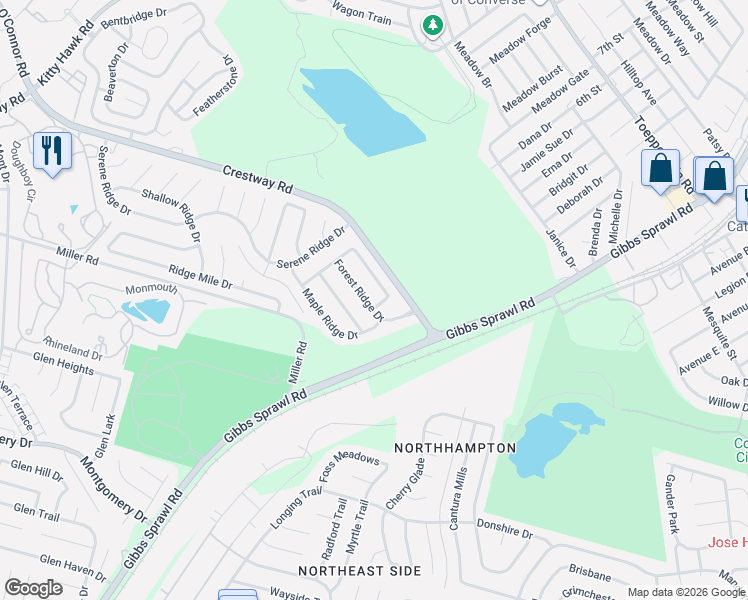 map of restaurants, bars, coffee shops, grocery stores, and more near 8406 Forest Ridge Drive in San Antonio