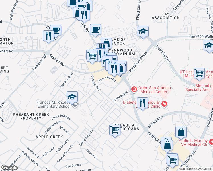 map of restaurants, bars, coffee shops, grocery stores, and more near 5623 Hamilton Wolfe Road in San Antonio