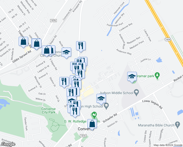 map of restaurants, bars, coffee shops, grocery stores, and more near 9180 Shadow Creek Lane in Converse