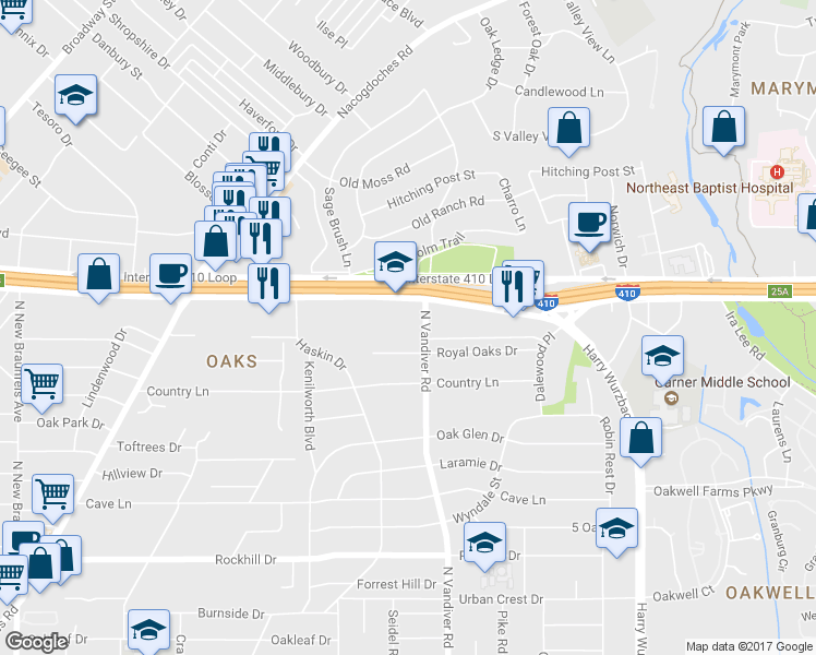 map of restaurants, bars, coffee shops, grocery stores, and more near 223 Royal Oaks Drive in San Antonio