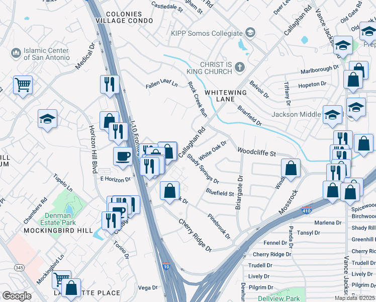 map of restaurants, bars, coffee shops, grocery stores, and more near 3410 Shady Springs Drive in San Antonio