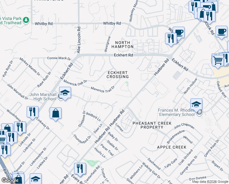 map of restaurants, bars, coffee shops, grocery stores, and more near 6327 Bluebird Lane in San Antonio