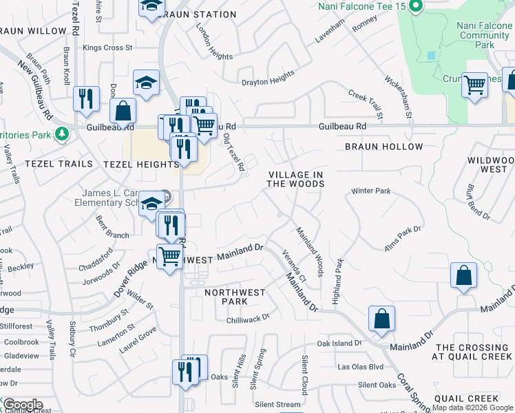 map of restaurants, bars, coffee shops, grocery stores, and more near 7911 Live Oak Vista in San Antonio