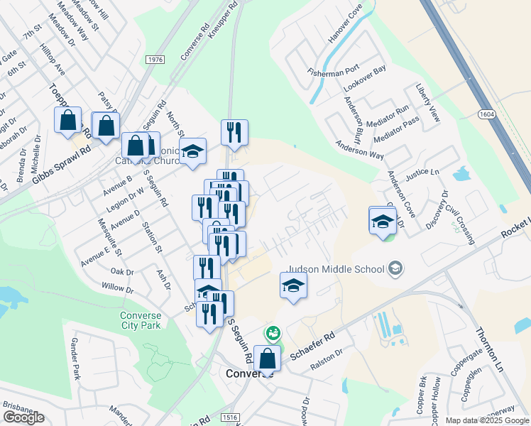 map of restaurants, bars, coffee shops, grocery stores, and more near 9180 Shadow Creek Lane in Converse