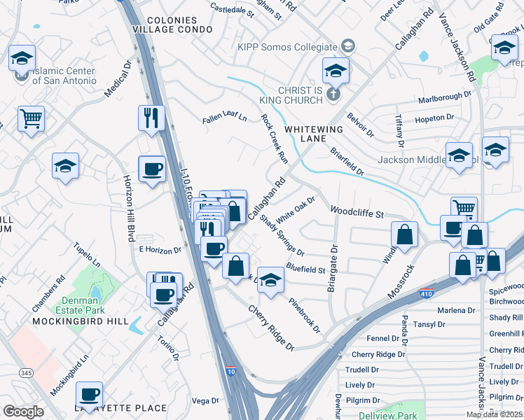 map of restaurants, bars, coffee shops, grocery stores, and more near 3410 Shady Springs Drive in San Antonio