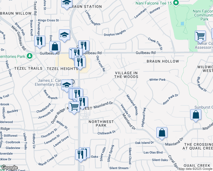 map of restaurants, bars, coffee shops, grocery stores, and more near 8811 Redbud Woods in San Antonio