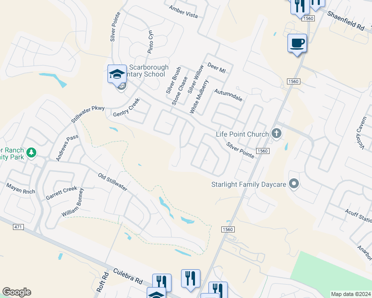 map of restaurants, bars, coffee shops, grocery stores, and more near 8010 Brushy Mdw in San Antonio