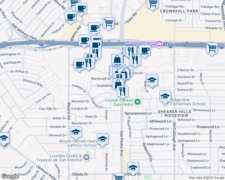 map of restaurants, bars, coffee shops, grocery stores, and more near 117 Southbridge Drive in San Antonio