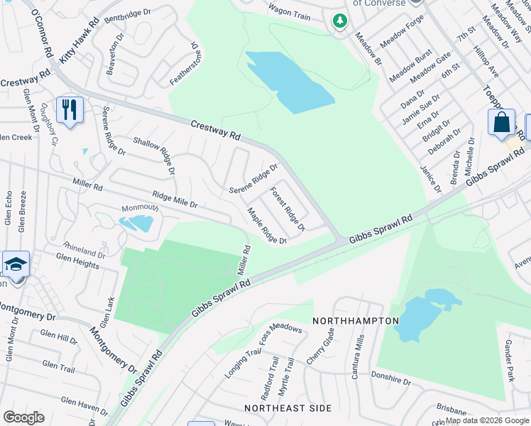 map of restaurants, bars, coffee shops, grocery stores, and more near 8473 Cascade Ridge Drive in San Antonio