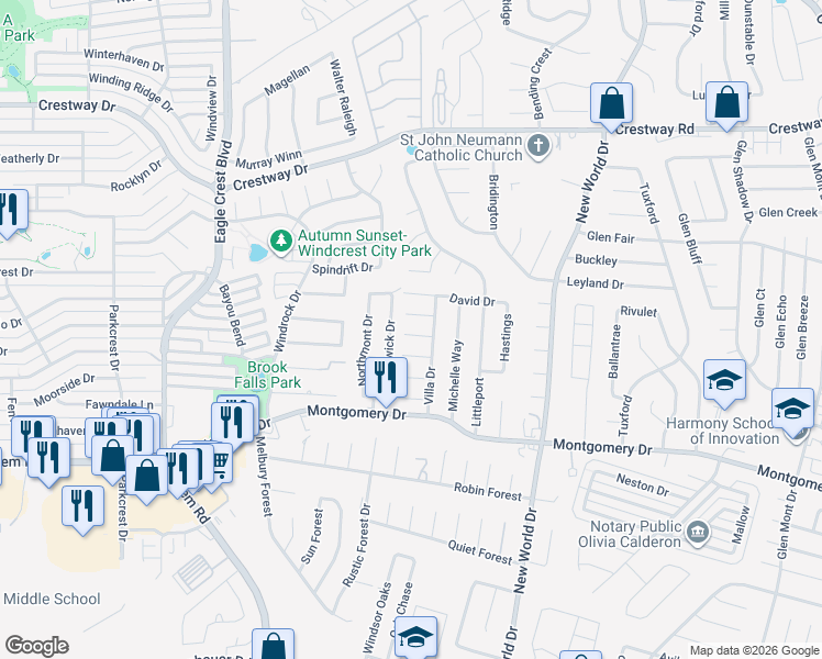 map of restaurants, bars, coffee shops, grocery stores, and more near 8548 Braewick Drive in San Antonio