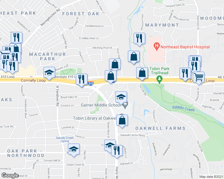 map of restaurants, bars, coffee shops, grocery stores, and more near 1804 Northeast Interstate 410 Loop in San Antonio