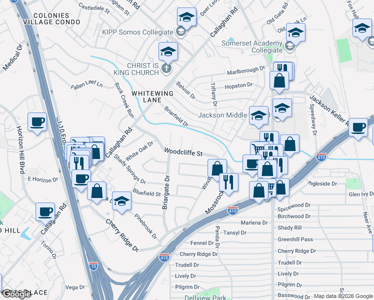 map of restaurants, bars, coffee shops, grocery stores, and more near 8318 Robin Hill Drive in San Antonio