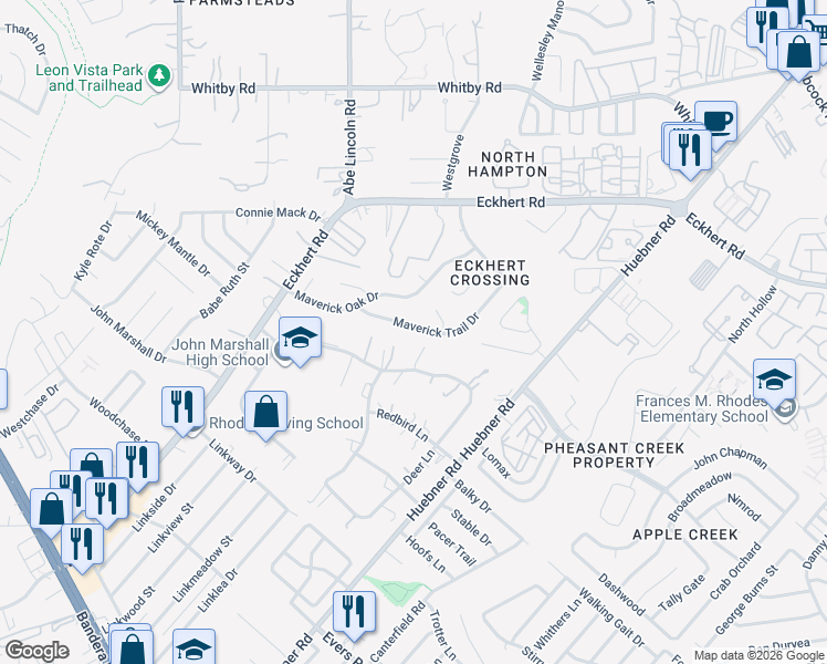 map of restaurants, bars, coffee shops, grocery stores, and more near 8219 Maverick Ridge Drive in San Antonio